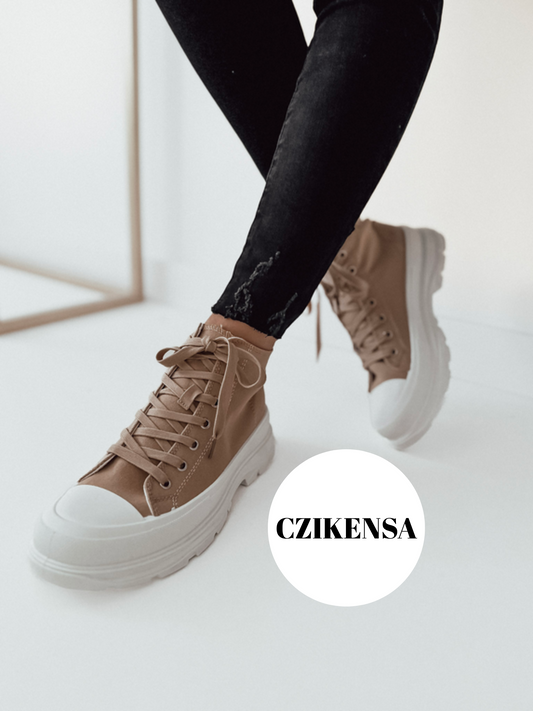 BEŻOWE WYSOKIE TRAMPKI DAMSKIE SZNUROWANE